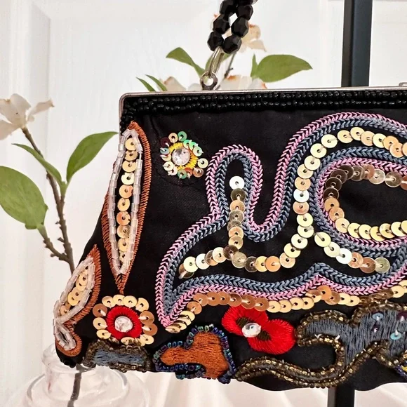 CHATEAU ~ Handmade Embroidered Sequined Black Satin Clutch with Beaded Strap - Picture 4 of 9